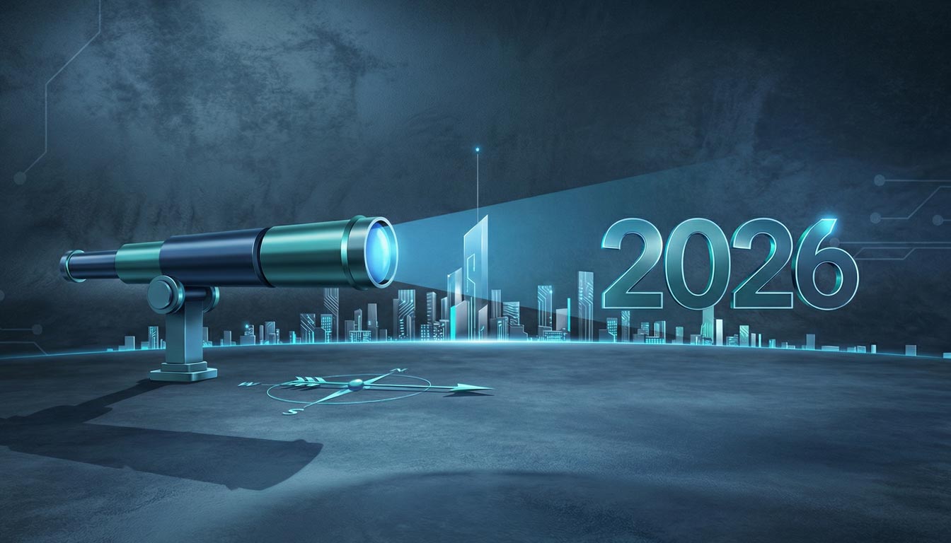 Telescope viewing a futuristic 2026 city skyline