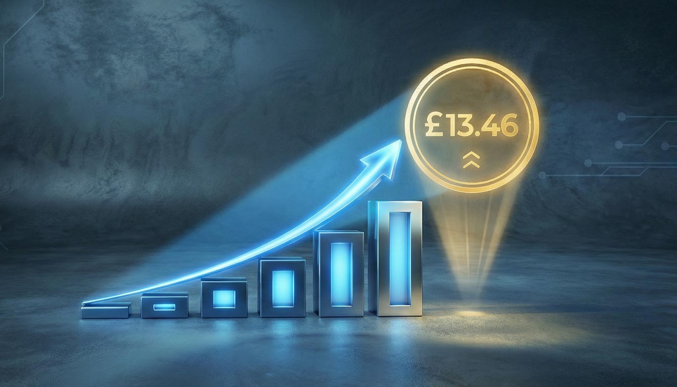 Minimum wage increase to £13.46 with rising bar chart